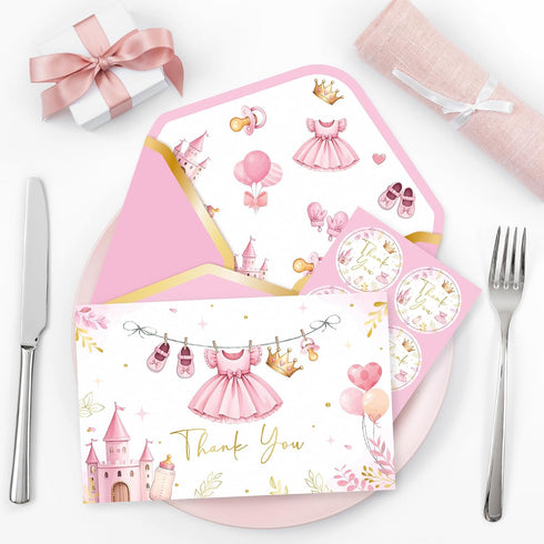 50Pcs BeYumi Princess Baby Shower Thank You Cards with Envelopes Sticker Pink Dress Blank Note Card Greeting Card Bulk