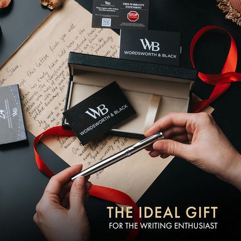 Wordsworth & Black Fountain Pen Set - Medium Nib, Includes 6 Ink Cartridges and Ink Refill Converter, Silver Chrome