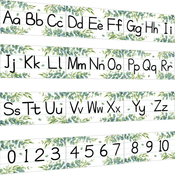 gisgfim 12 Pieces Greenery Alphabet Bulletin Board Strips Set, ABC Alphabet Banner & Number Border Posters for Classroom