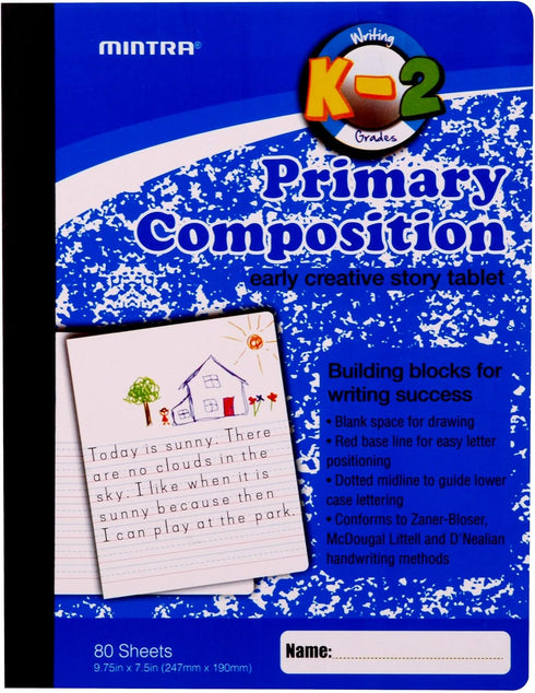 Mintra Office Composition Notebooks, Primary Ruled, 4 Pack, Blue Cover, 80 Sheets, 7.5in x 9.75in, For School, Home,