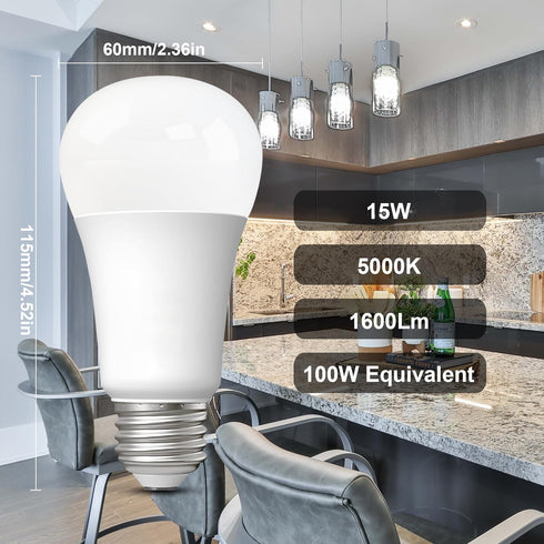 LED Light Bulbs Daylight 15W: 1600Lm 100W Equivalent LED Bulbs E26 Edison Screw Base Super Bright 5000K LED Bulb A19 15W Light Bulbs for Indoor Outdoor Bedroom Storage Basement 2 Pack by U4GLORY