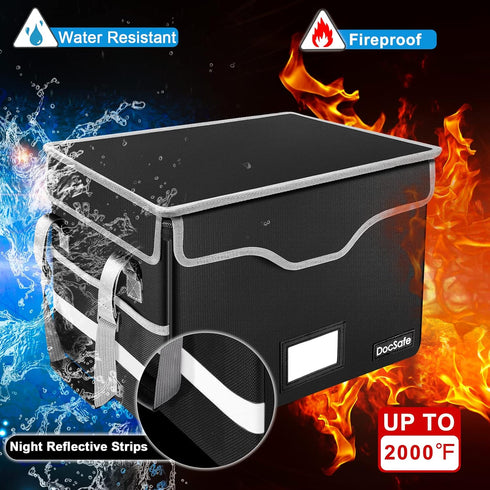 DocSafe Fireproof Document Box with Lock, Portable File Storage Organizer with Mesh Pockets, Collapsible for Home Office