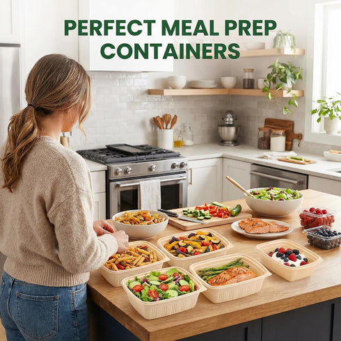 100 (50 Pack) Lids,32 oz Piece Meal Prep Containers with Resuable Cornstarch Material Salad Containers, Plant-based