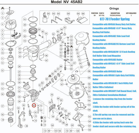 877-761 Feeder Spring Compatible with Hitachi NV45AA, NV45AB, NV45AB2(S), NV45AE N, NV50AP2, 10/Pack