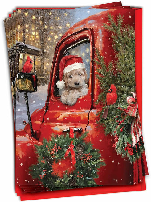 The Best Card Company 12 Christmas Greeting Cards Boxed Set, Red Truck Puppies, 5 x 7 Inch Envelopes