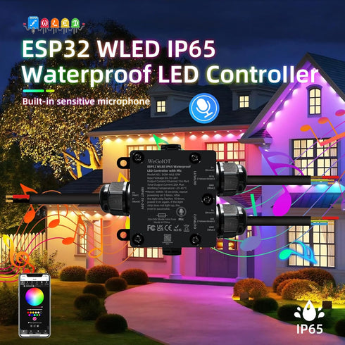 IP65 ESP32 DC5-24V, WS2812B Lights(2 Waterproof LED Controller, WLED WiFi APP Control, Outdoor Music Sync Light