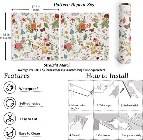 17.7''x354'' VEELIKE Herbs Floral Wallpaper Stick and Peel Vintage Butterflies Marigolds Contact Paper for Walls
