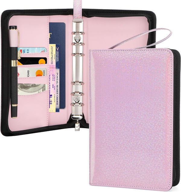 Toplive A6 Budget Binder with Zipper, 6 Ring Refillable Planner Cover for A6 Cash Budget System, Glitter Pink