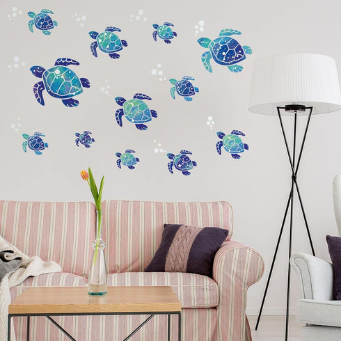 Zonon Sea Turtle Wall Decals, Ocean Turtle Vinyl Stickers for Underwater Bathroom Decoration (Blue, 24pcs)