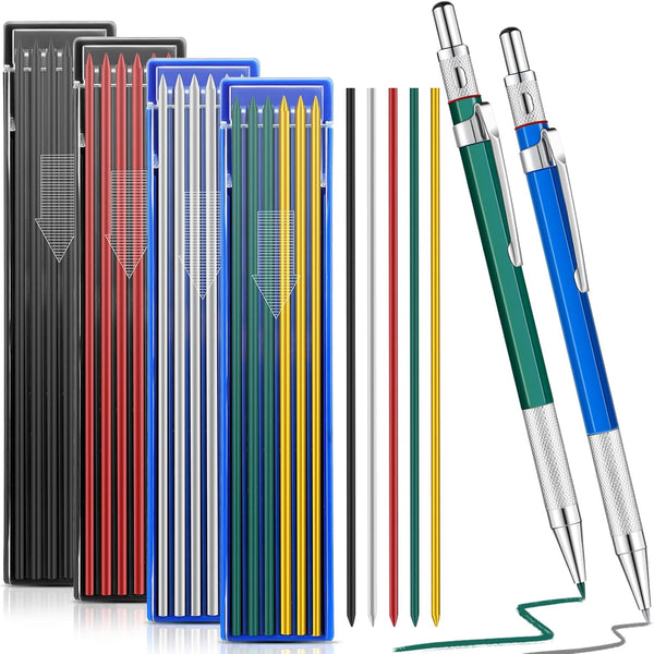 2 Pcs Welders Pencil with 48 PCS Round Refills, Mechanical Pencils for Metal Welding Marker, Tube Pipe Fitter