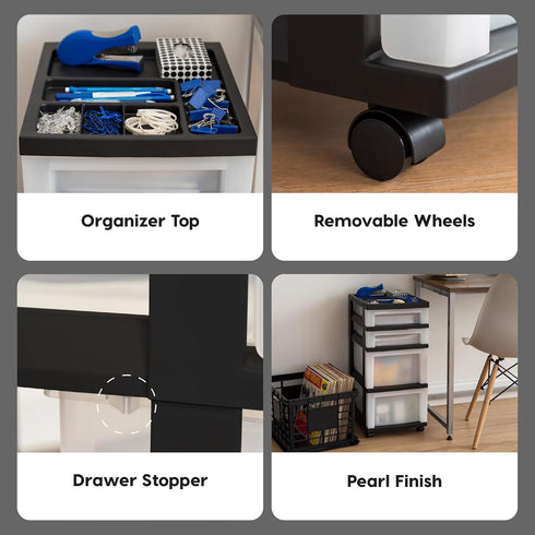 IRIS USA Plastic Drawer Storage Organizer Rolling Cart, 4-Drawers with Wheels for Classroom, Bathroom, Black/Pearl