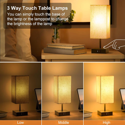 3 Dimmable 2700K Bulb 2 Pack hansang Bedside Lamp, Touch Lamp with Way LED Touch Control USBA USBC Charging Port Black