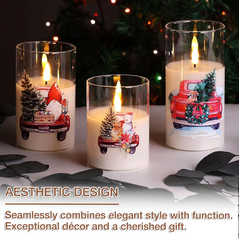Set 3 Eywamage Christmas Glass Flameless Candles with Remote, Flickering LED Pillar Candles Holiday Table Decor Gift