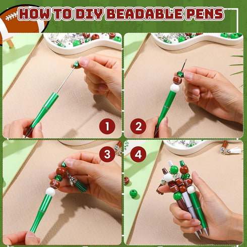 NEWEST 12 Pieces Sports Beadable Pens, Plastic Football Bead Pens, 48 Beads, 12 Tassels, 12 Pendants, DIY Making Kit