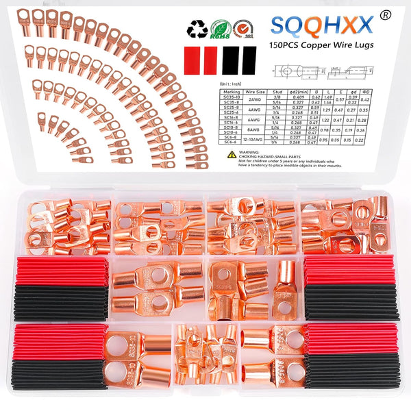 150Pcs Copper Wire Lugs, Battery Cable Ends AWG 2-12 Gauge Connectors with 86Pcs Heat Shrink Tubing Kit