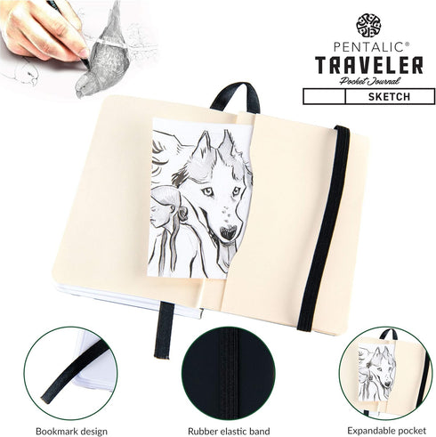 Pentalic Pocket Sketchbook: 3" x 4" Traveler Journal, 160 Pages, Black