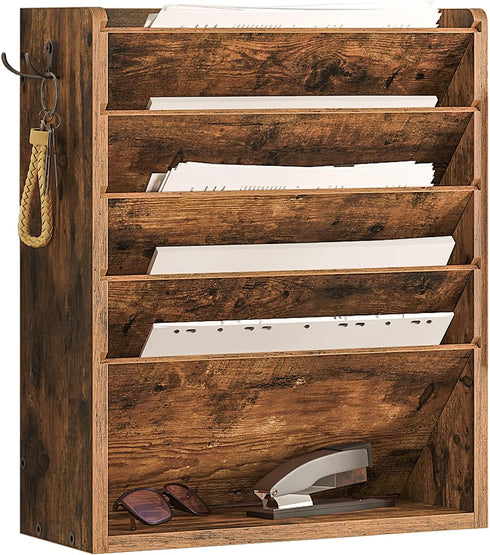 Wall File Organizer, 6-Tier Vertical Mount Hanging Holder with Vintage Wooden Magazine Storage Crate