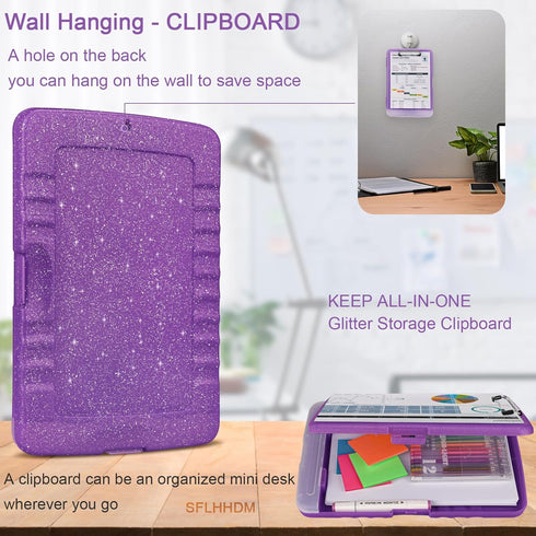 Glitter Clipboard with Storage, A4 Binder Clip Boards 8.5x11 with Pen Holder, Side Opening Sparkle Clipboards for Office