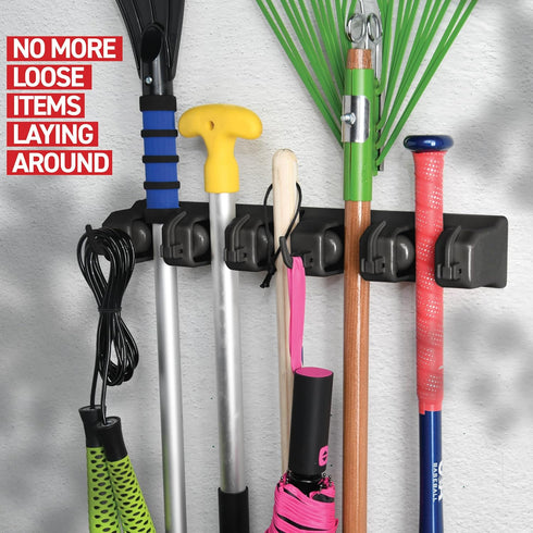 Mop and Broom Holder Wall Mount, Garage Storage Organizer with 5 Slots, 6 Hooks, 7.5lbs Capacity Per Slot, Black Broom