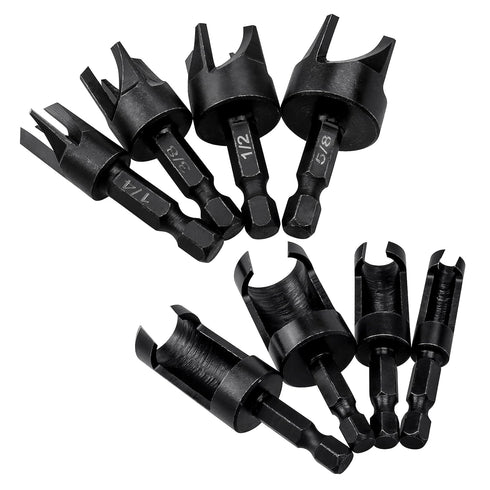Yakamoz 8Pcs Wood Plug Cutter Set, 1/4 Inch Hex Shank Straight and Tapered Cork Drill Bits Cutting Tool