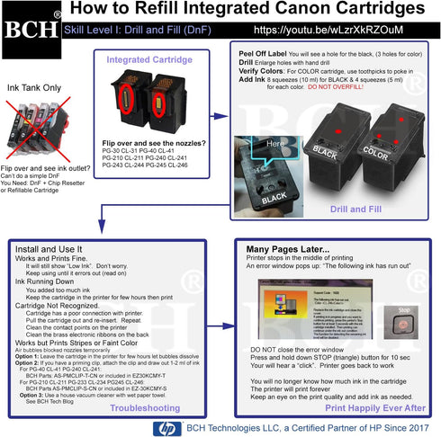 BCH Refill Ink Kit for Canon PG-240, PG-243, PG-245, CL-241, CL-244, CL-246 XL – High-Yield Refill Bottles
