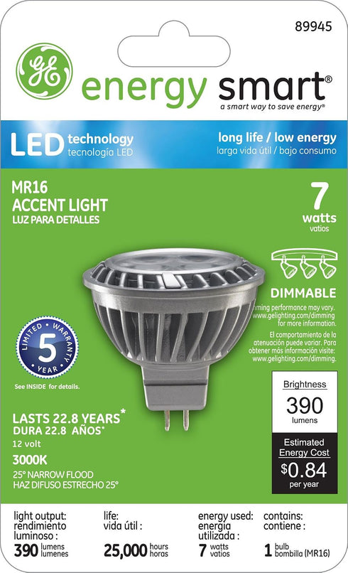 GE Lighting 89945 Energy-Smart LED 7-watt 390-Lumen MR16 Bulb with Medium Base,