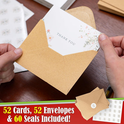 SPIRITDUST 52-pack 3.5x5 Inches, 6 Floral Thank You Cards Bulk with Kraft Envelopes & Matching Stickers, Wildflower
