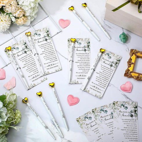 MotiMind 50 Sets Set, Wedding Guest Book Pens White Ballpoint Pens with Gold Heart Top, Thank You Cards Included, Sign