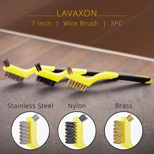 Set 3Pcs 7 Inches Lavaxon Wire Brush - Nylon/Brass/Stainless Steel Bristles with Curved Handle Grip for Rust, Dirt