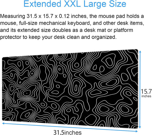 Black Topographic Map Mouse pad Extended Large Desk Mat, XXL Gaming Mouse Pad Desk Pad,31.5x15.7inch Long Computer Keyboard Mouse Mat Mousepad with Stitched Edge for Home Office Work by Cindasun