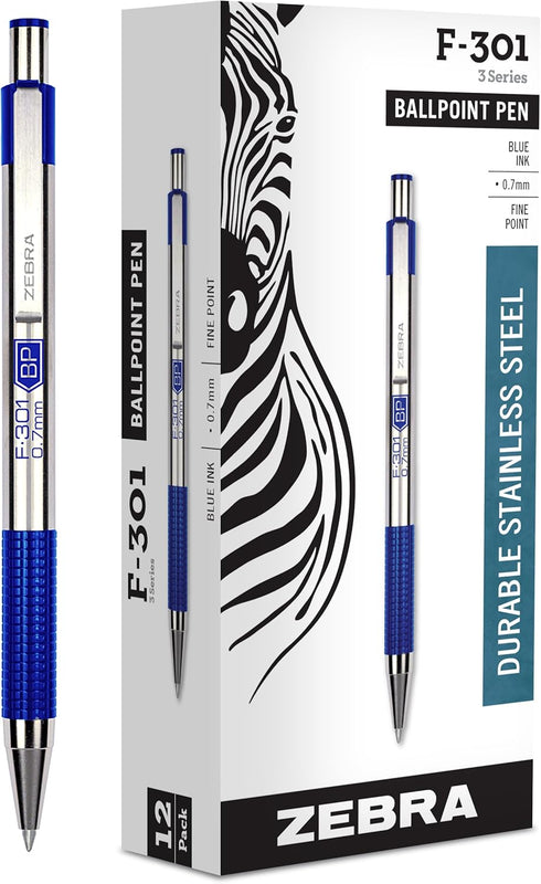 Zebra Pen F-301 Ballpoint Fine Point 0.7mm Stainless Steel Retractable Ballpoint - 12-Pack