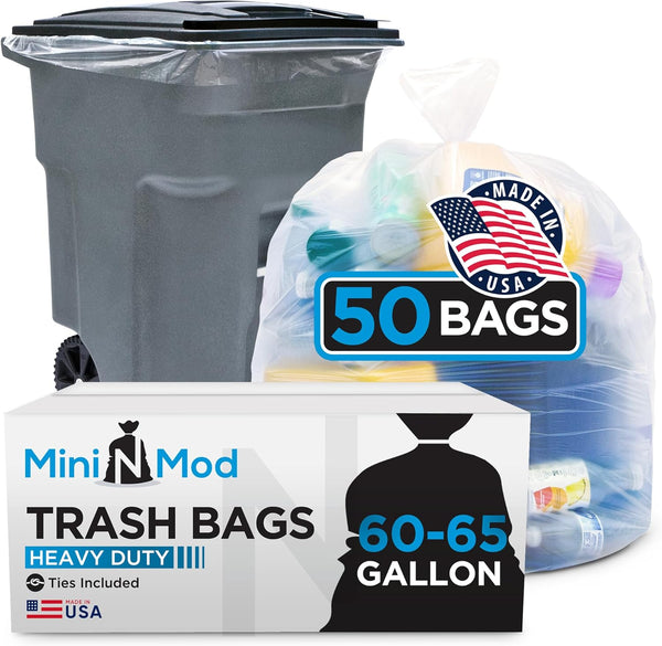 Mini n Mod 60-65 Gallon Clear Trash Bags | 50 Count | Large Clear Plastic