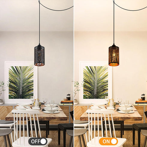 Industrial Black Plug in Pendant Light Vintage Mini Black Gold Hanging Lighting Rustic Hollow-Carved Cylinder Plug