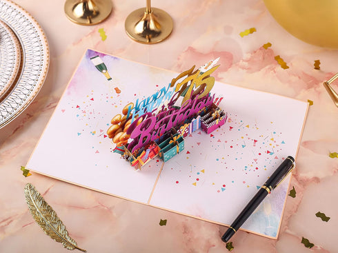Liif Happy 75th Birthday 3D Greeting Pop Up Card, 75 Birthday Card for Women, Men, with Balloon and Champagne Design