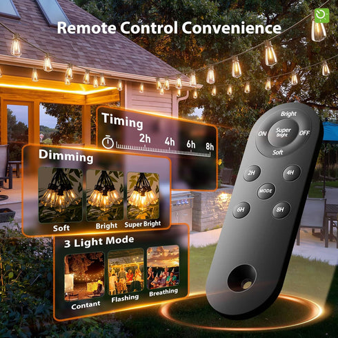 KYY 54FT Dimmable Bulbs Solar String Lights Outdoor Waterproof with USB Charging & Remote, & Timable, Solar Powered