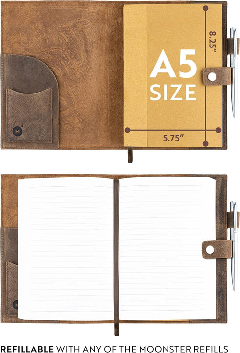 moonster Lined Journal Notebook Paper for Refillable Leather Journals, 8.25 x 5.75, 320 Pages, Premium Milled Inserts A5