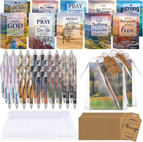 Qeeenar 200 Pcs Bible Verse Sets, 50 Spiral Notebooks, 50 Bamboo Pens, 50 Tags, 50 Organza Bags for Christian Gifts