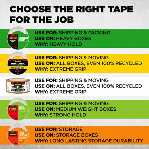Scotch Tough Grip Moving Packing Tape, Clear, 1.88 in. x 43.7 yd., 3 Tape Rolls