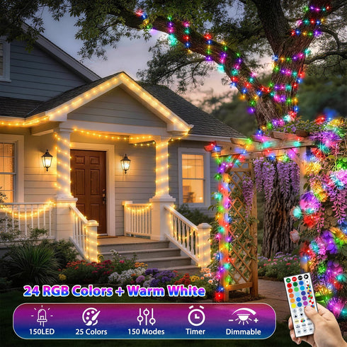 50ft Dimmable 25 14 Lights,150LED Fairy Lights Plug in, Colors Modes RGB+Warm White Color Changing String Twinkle