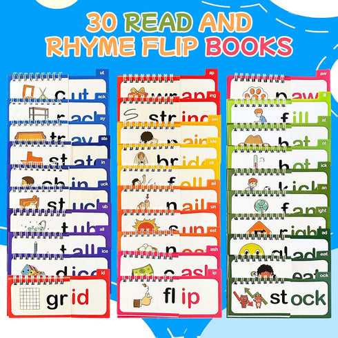 VORA 30 Read and Rhyme Flip Books, Preschool Enlightenment ABC Flash Cards, Attractive Word Family Build Book for Kids