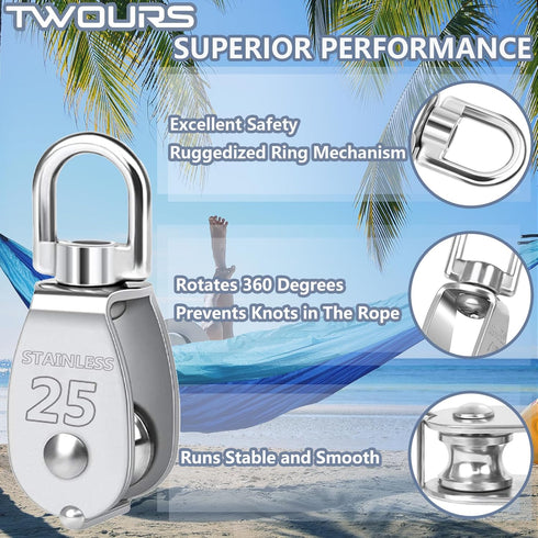 M20 Small Heavy Duty Pulley: 304 Stainless Steel Single Block Swivel Bearing System for Rigging, Lifting, Gym Equipment