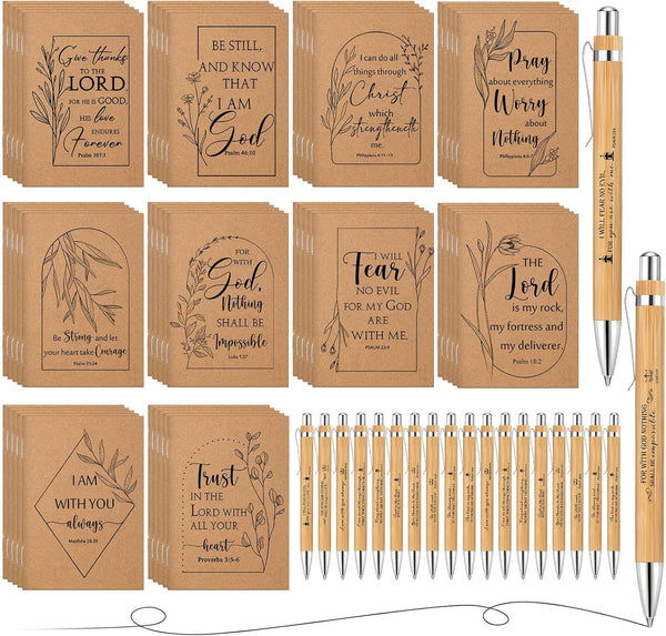 Kisston 100 Pcs Christian Gift Bulk, Bible Verse Notebooks, Inspirational Bamboo Pens, Sunday School Favors