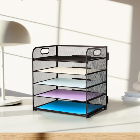 Supeasy 5 Trays Paper Organizer - Mesh Desk File/Letter Organizer, Black Paper Sorter for Office, Home, School