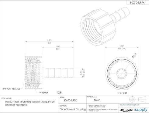 Dixon Nylon Tuff-Lite Fitting, Short Shank Coupling, 3/4" GHT Female x 1/4" Hose ID