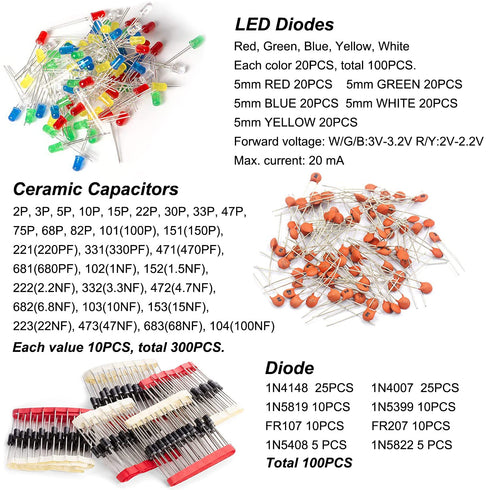 1400Pcs Basic Electronics Component Assortment Kit, Electrolytic Capacitor, Ceramic Capacitor, LED Diode, Resistor