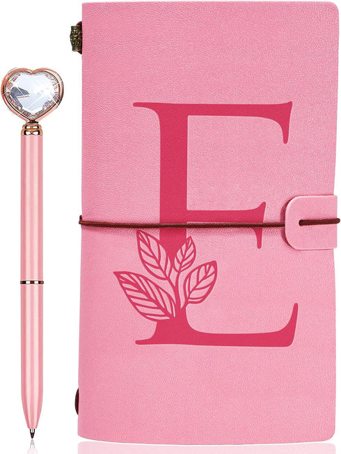 Personalized Pink Initial Leather Journal Gift, Heart Diamond Pen Set, Travel Notebook Diary, Refillable Notepads