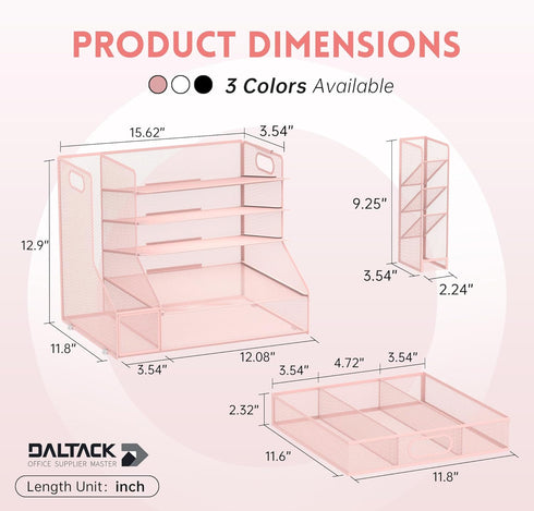 DALTACK Mesh Desk Organizer, 5-Tier Paper Letter Tray with File Holder, Pen Holder & Sliding Drawer for Office Supplies