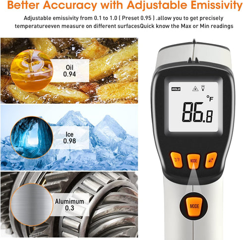 Infrared Thermometer, LEERCHUANG Digital Temperature Gun for Pizza Oven, Non-Contact Laser Thermometer Gun W Adjustable Emissivity for Cooking/Industrial, -58°F ~ 788°F (-50°C ~ 420°C), Gray