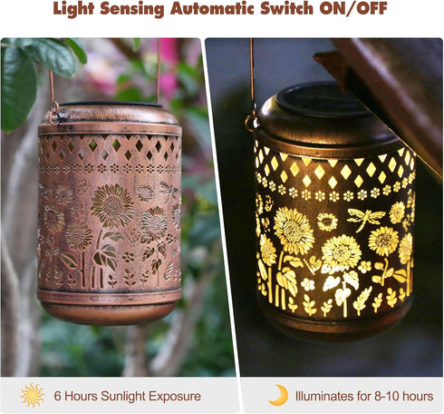 2 Pack Kaixoxin Solar Garden Decor Metal Lantern Sunflower Table Lamp Bronze Outdoor Dercoration Great Gift for Women
