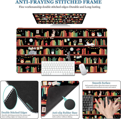 CutebriCase Desk Mat, Desk Matt for Desktop Bookshelf Cat XXL Extended Large Gaming Mouse Pad for Desk, Anti-Slip Desk